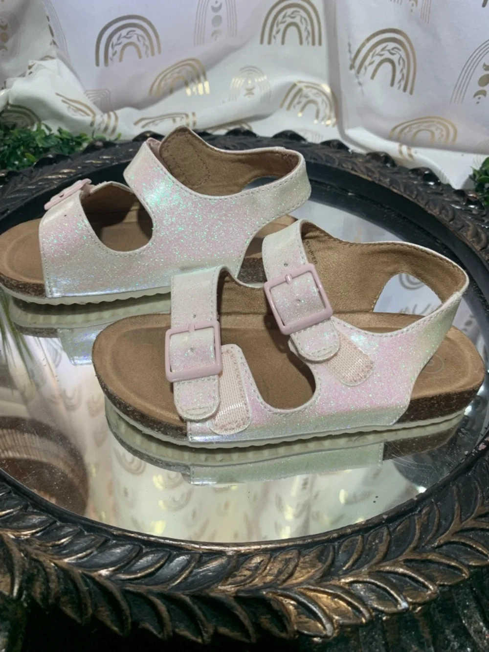 Cat & Jack Iridescent Pink Glitter Double-Buckle Sandals